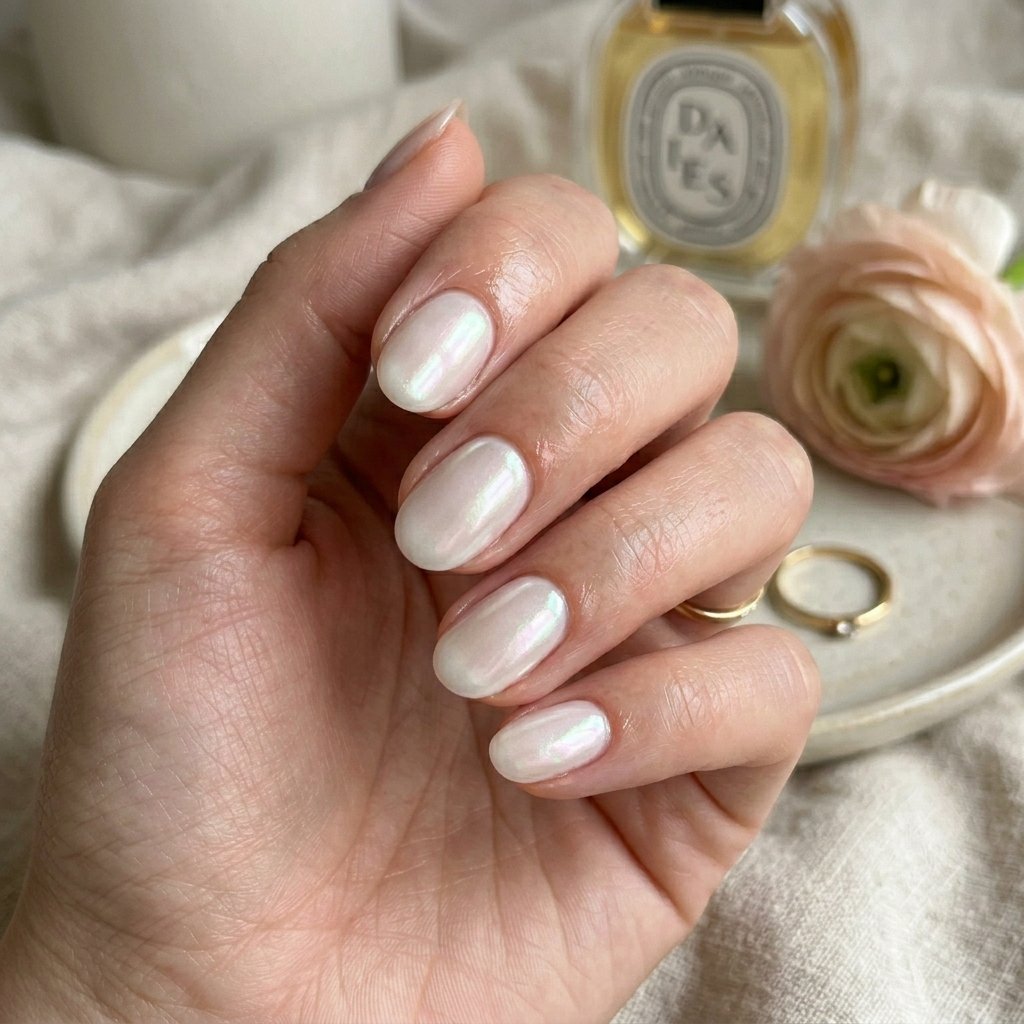 Milky White Glazed Short Acrylic Oval Nails