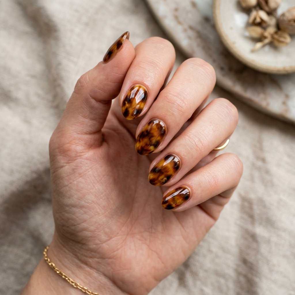 Tortoiseshell Design on Short Acrylic Oval Nails
