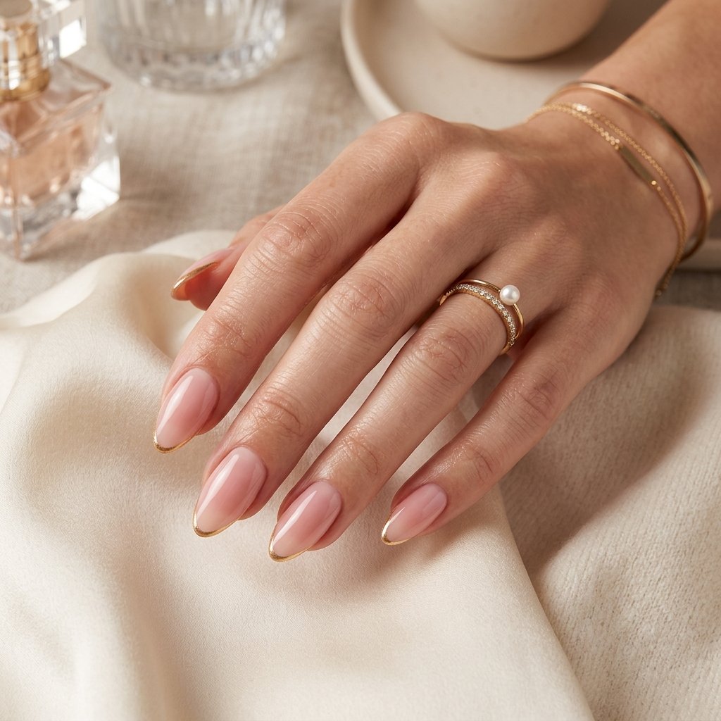 Blush Pink Nails with Fine Gold Tip Line