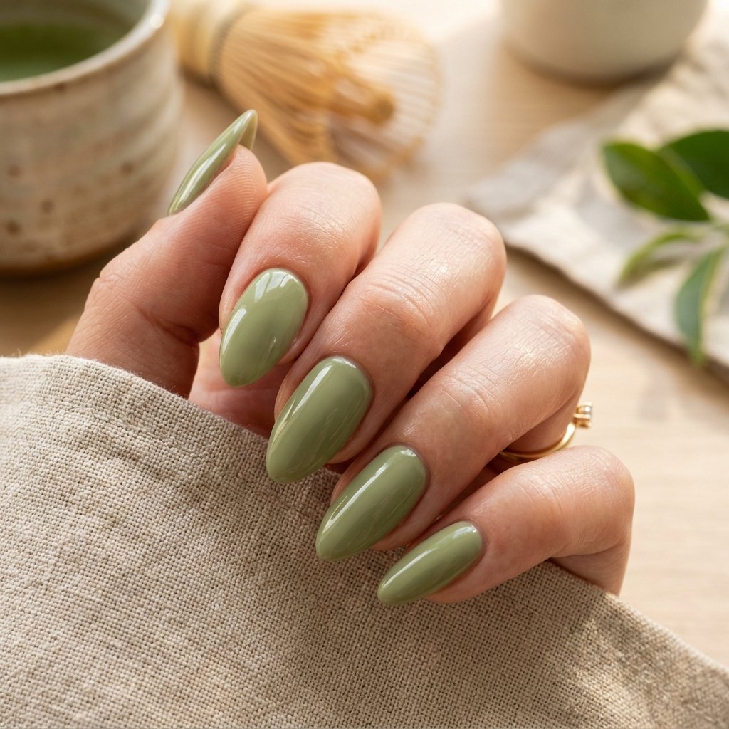 Glossy Matcha Almond Nails