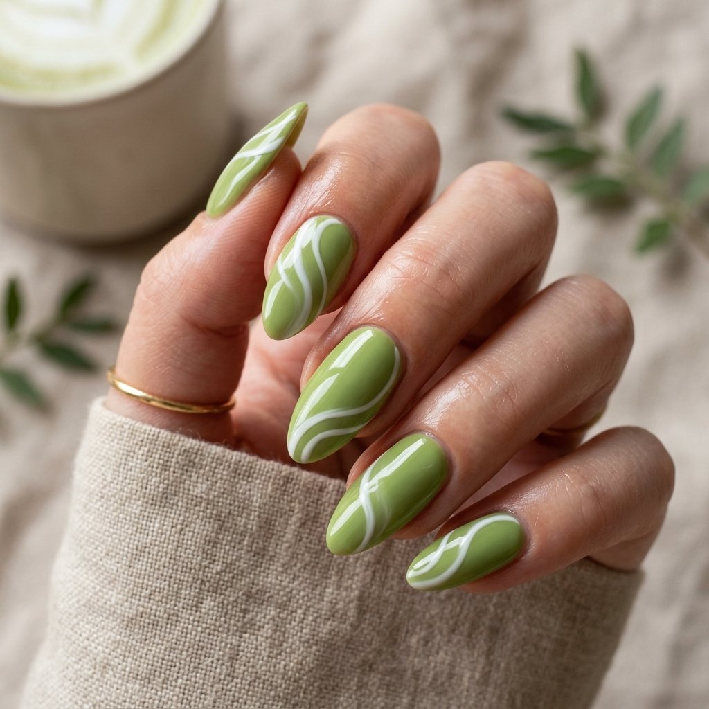 Matcha and White Swirl Nails