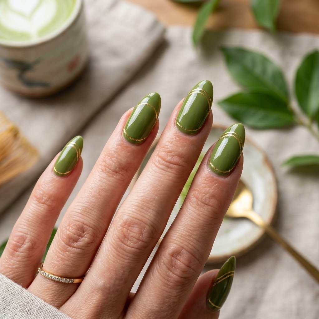 Matcha and Gold Line Nails