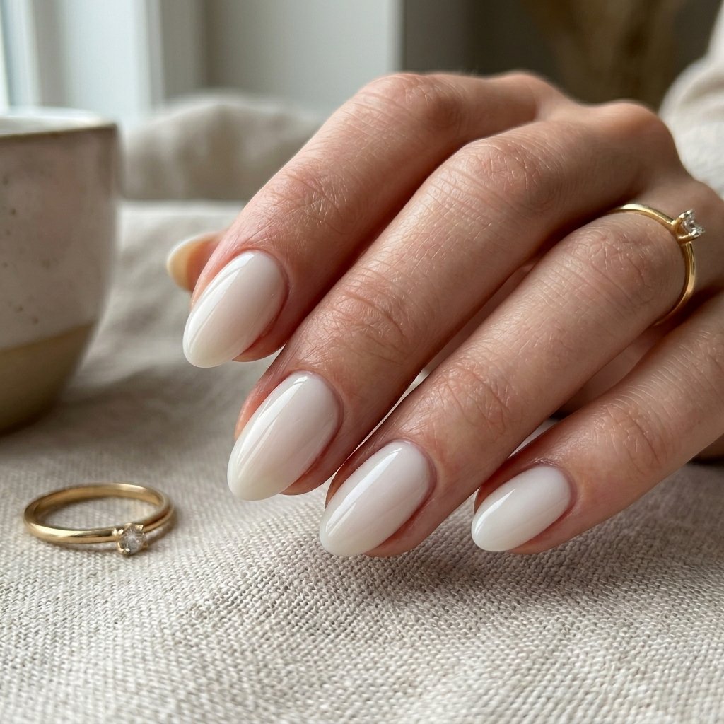Milky White Glazed Short Almond Nails
