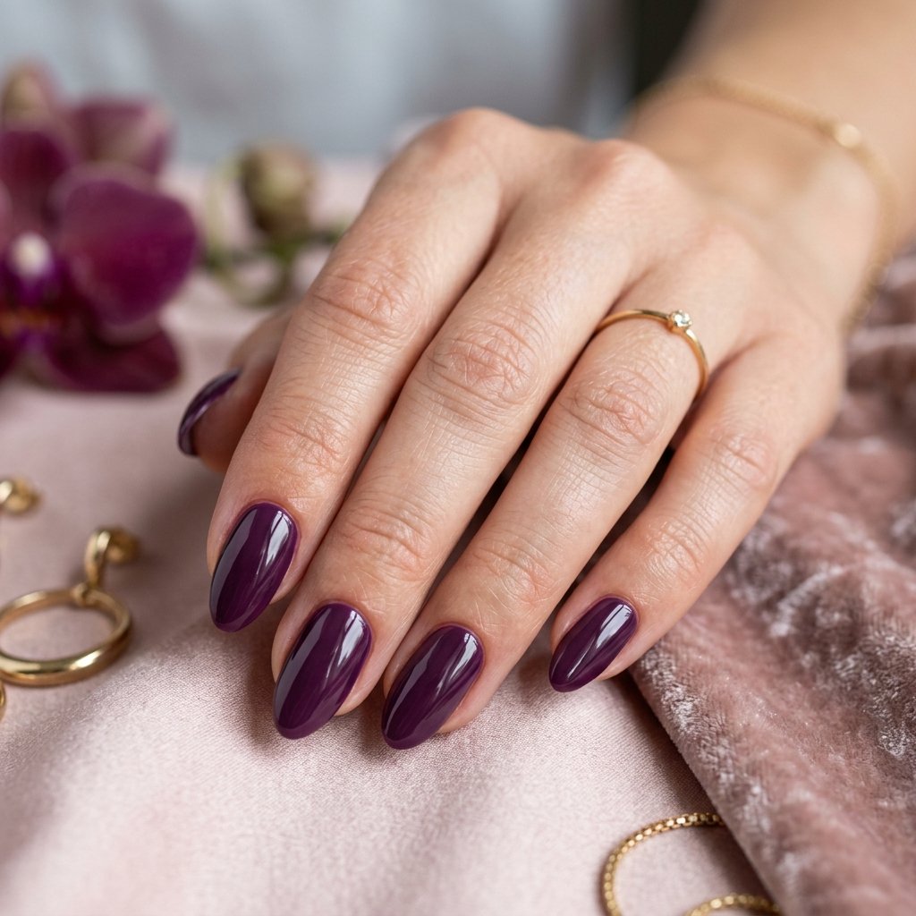 Deep Plum Glossy Short Almond Nails