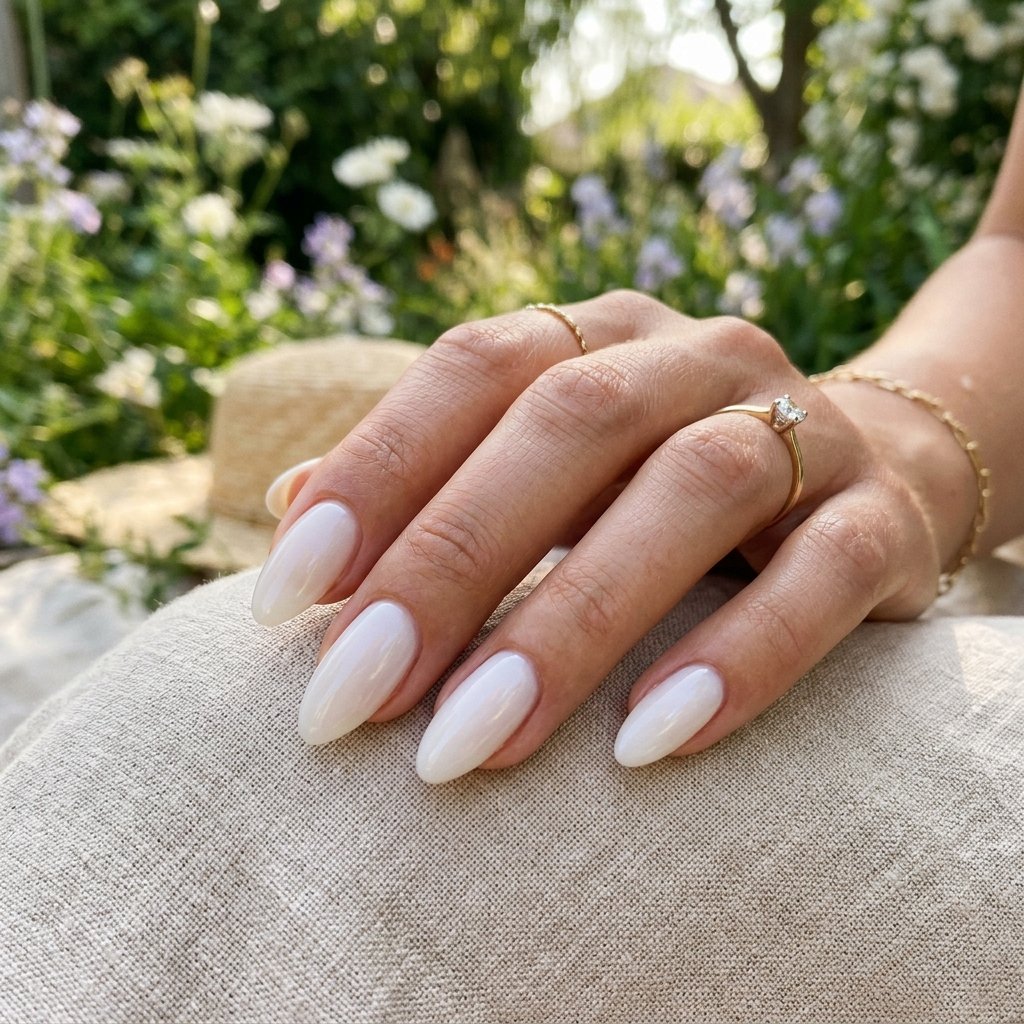 Glossy Milky White Almond Nails