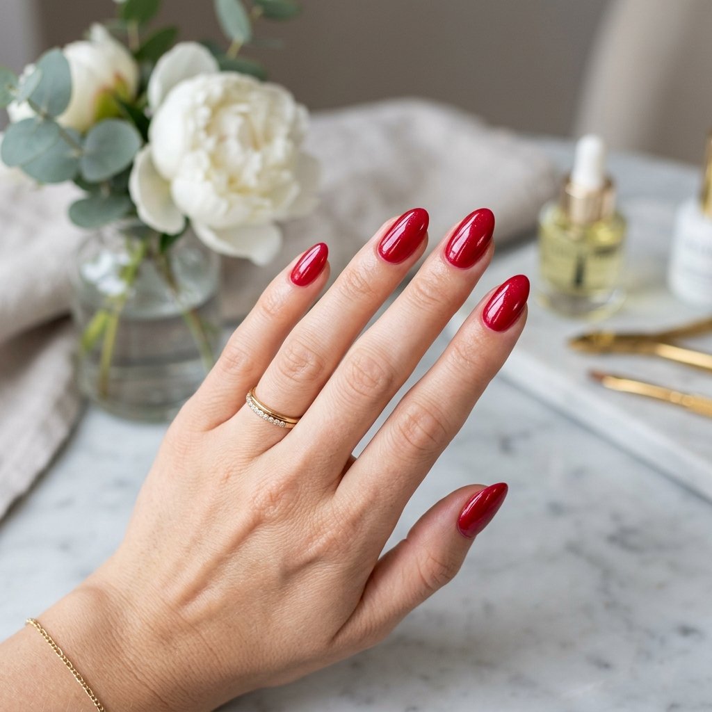 Glazed Strawberry Red Short Almond Nails