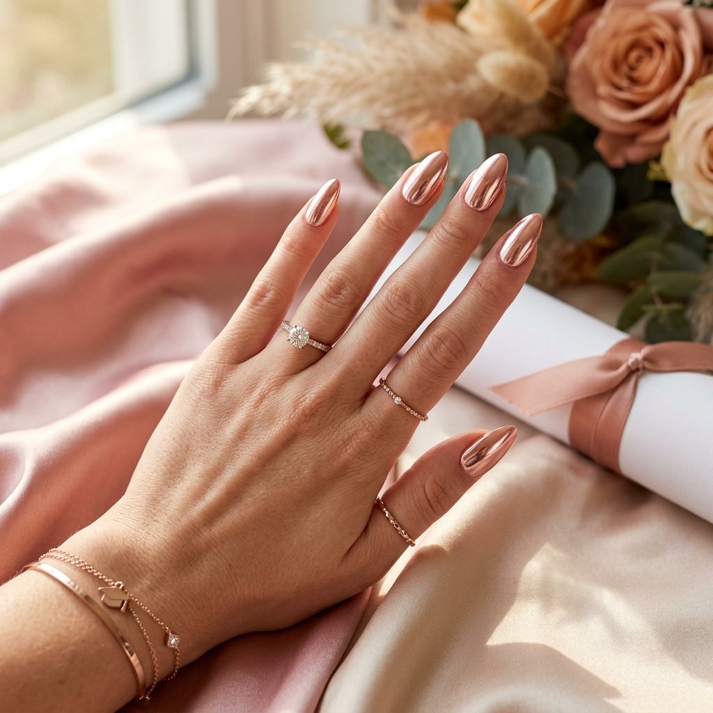 Rose Gold Chrome Almond Nails