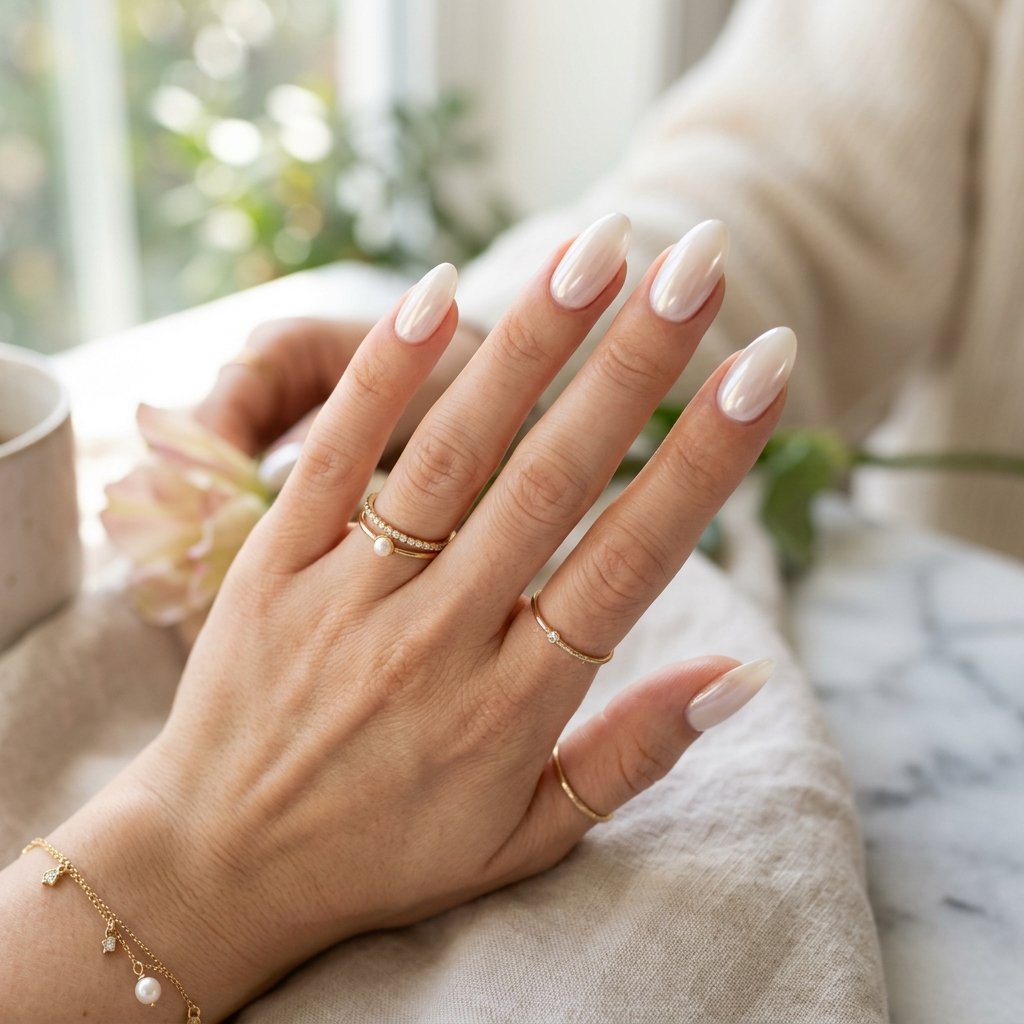 Glazed Milky White Almond Nails