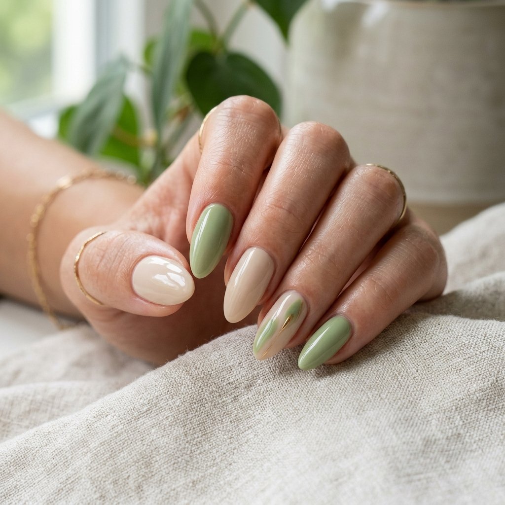 Matcha and Beige Nails