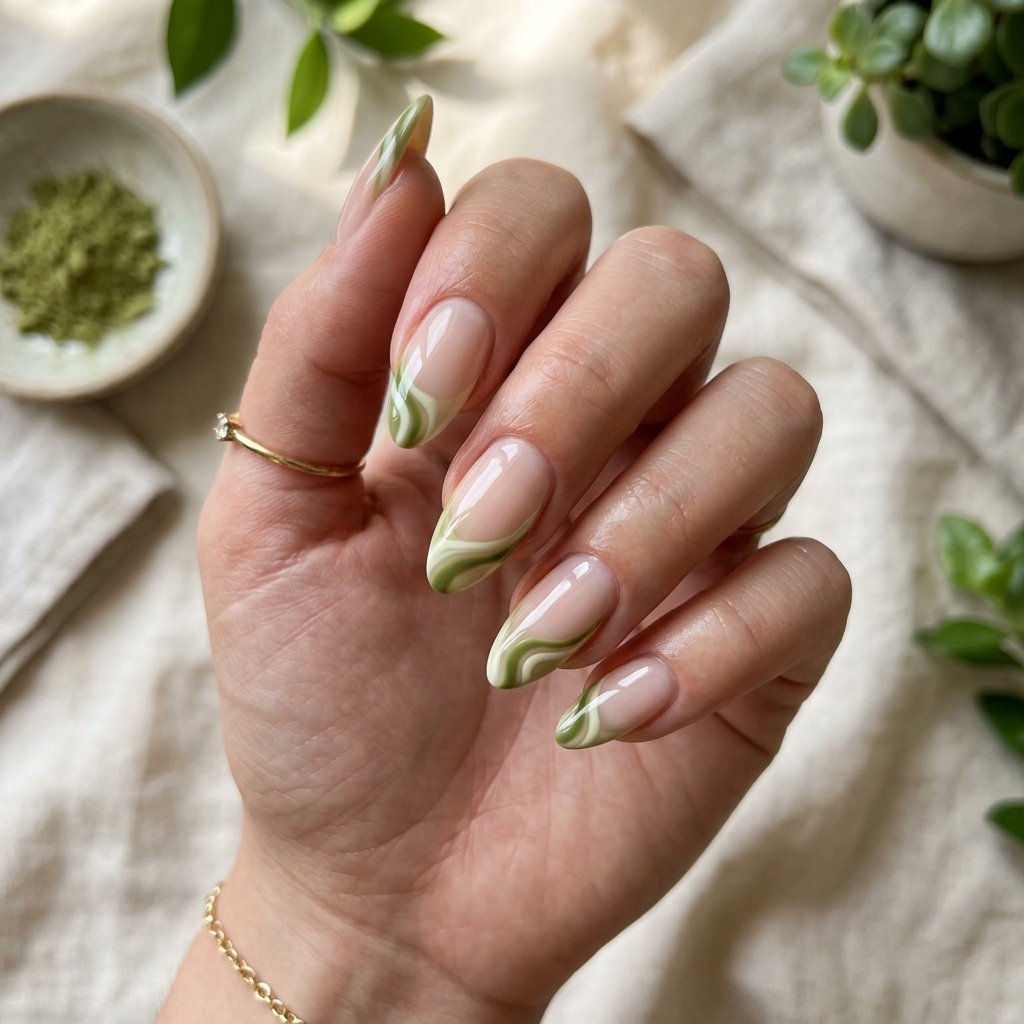 Matcha Swirl French Nails