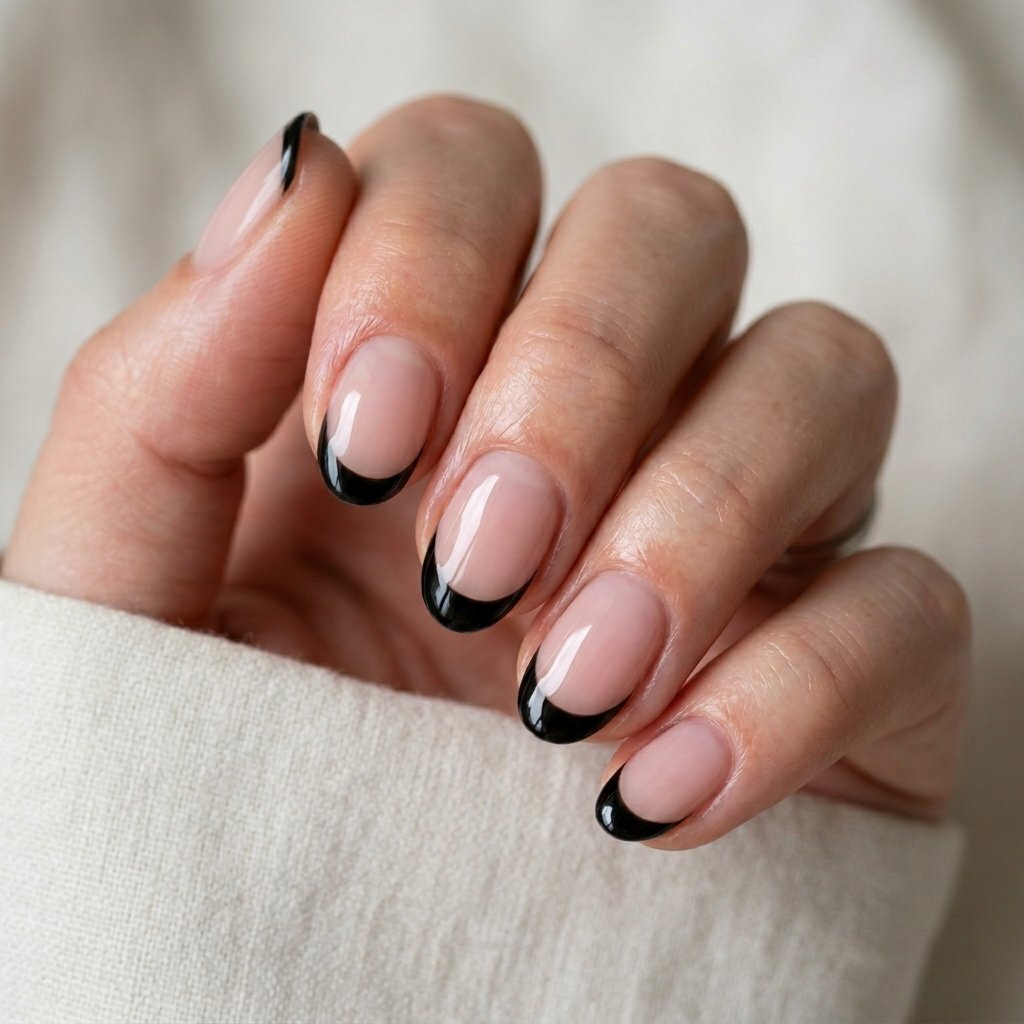 Deep Black French Tips on Short Oval Nails