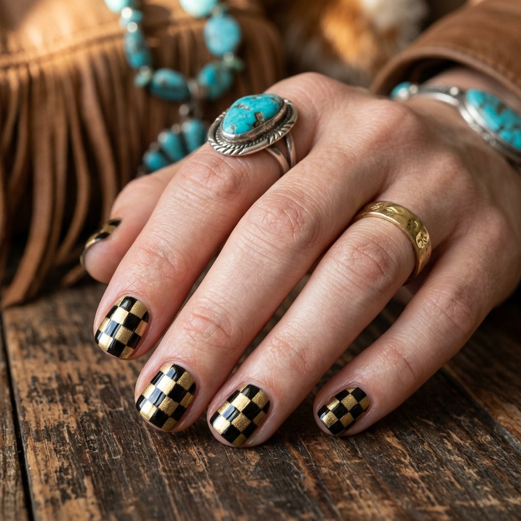 Black and Gold Checkered Short Nails