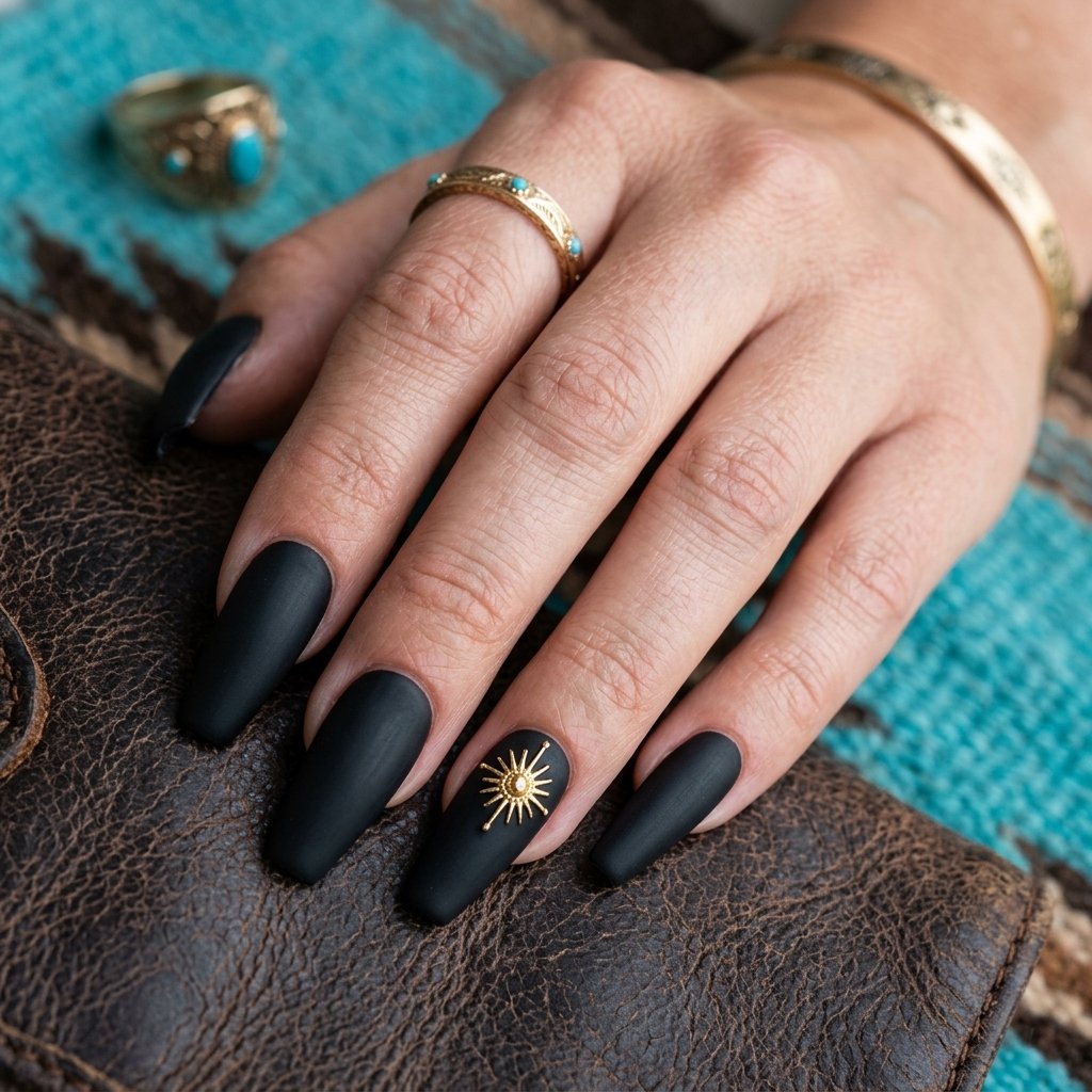 Matte Black Coffin Nails with Gold Sunburst Detail