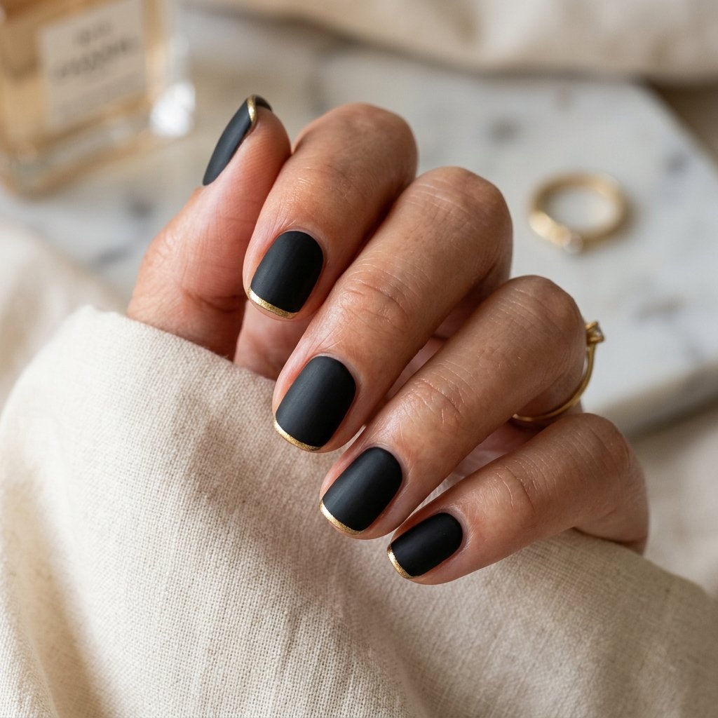 Black Matte Nails with Fine Gold Tip Line