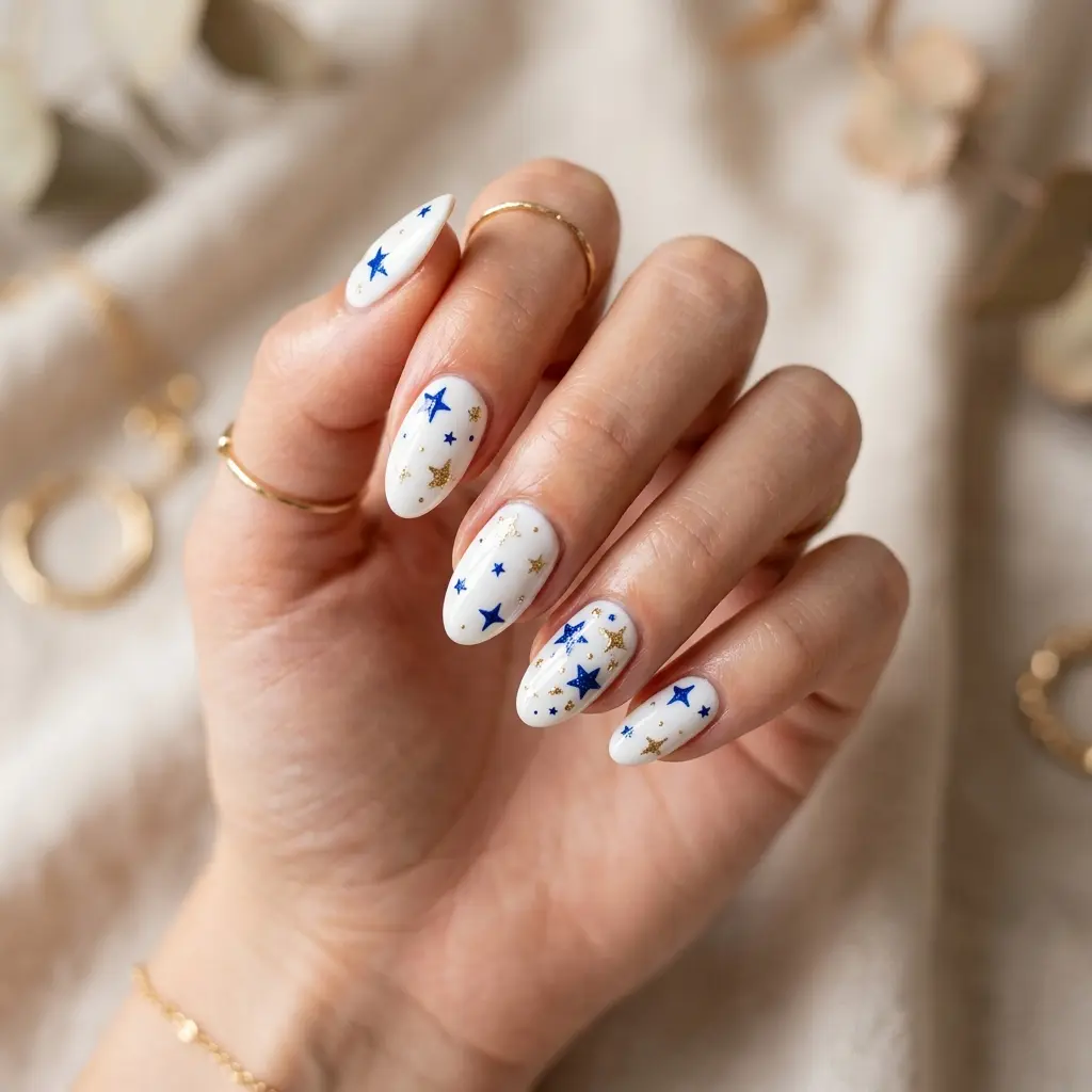 Blue and Gold Star Nails on White Base