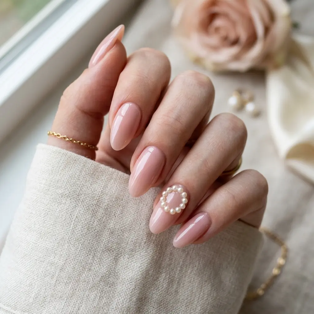 Pearl Ring Detail on Blush Pink Glazed Nails