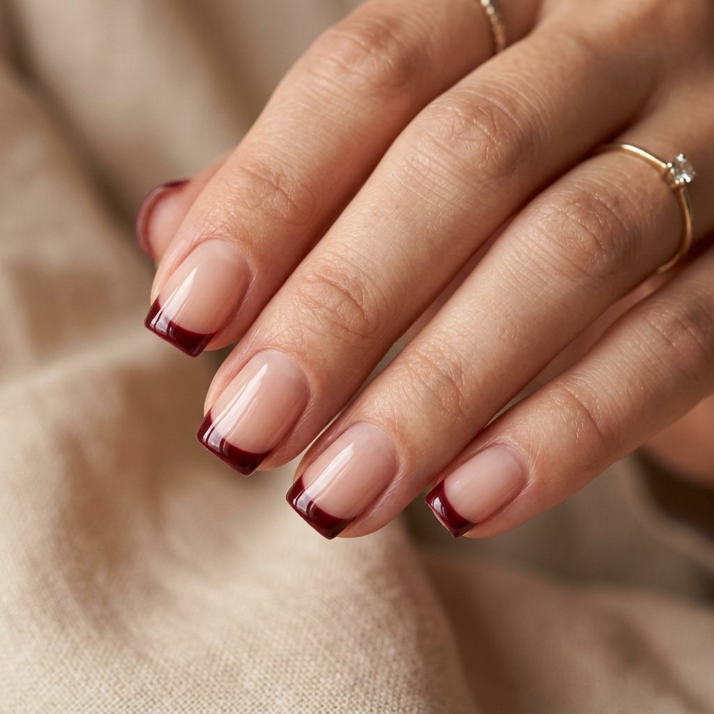 Burgundy French Tips on Short Square Nails