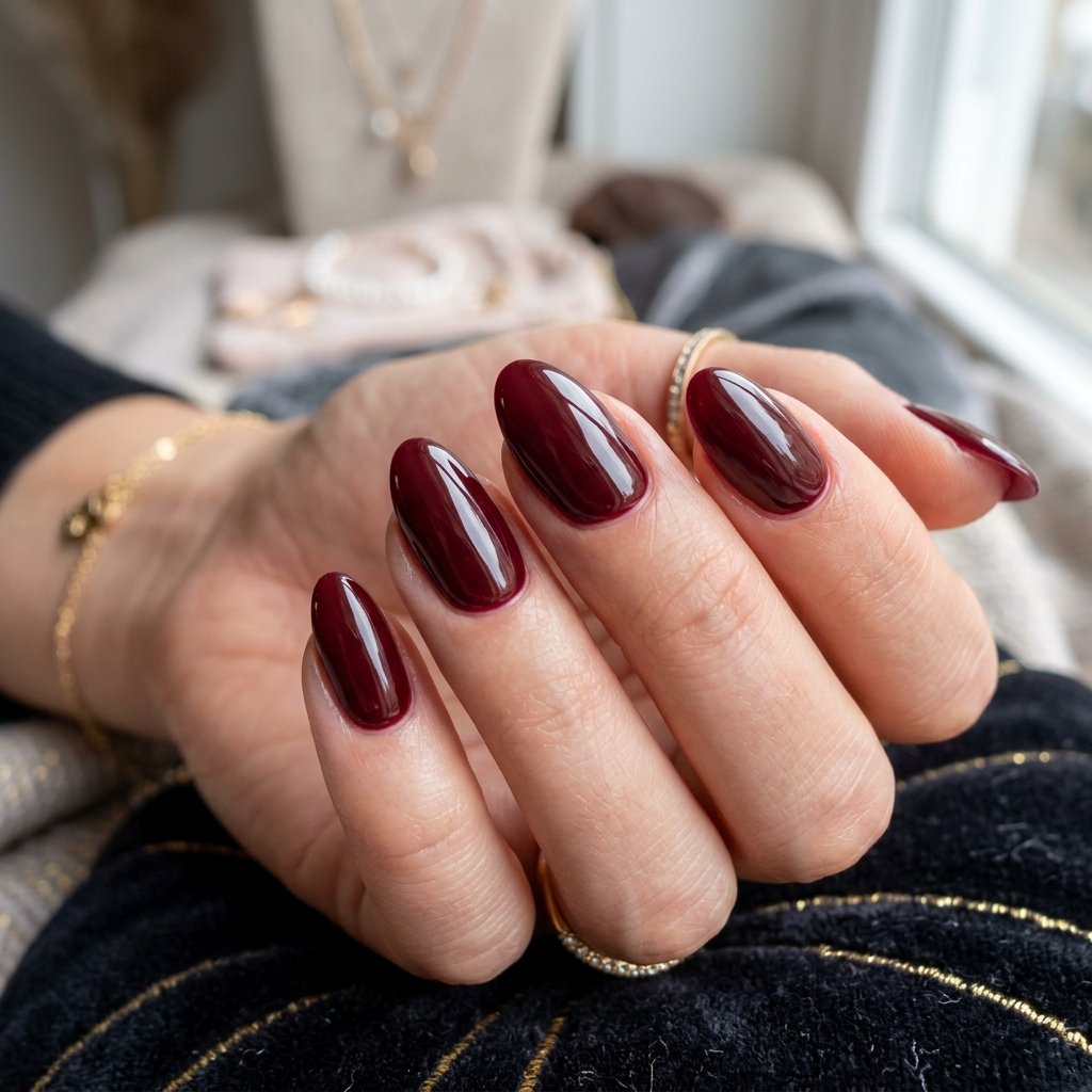 Deep Burgundy Glossy Short Acrylic Almond Nails