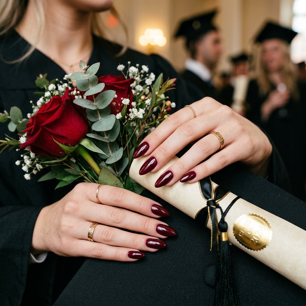 Deep Burgundy Glossy Almond Nails