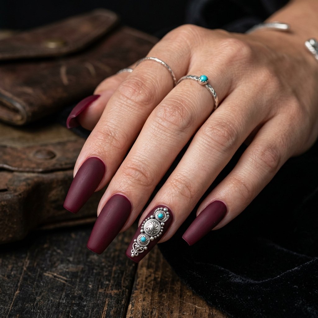 Deep Burgundy Matte Coffin Nails with Silver Concho Detail