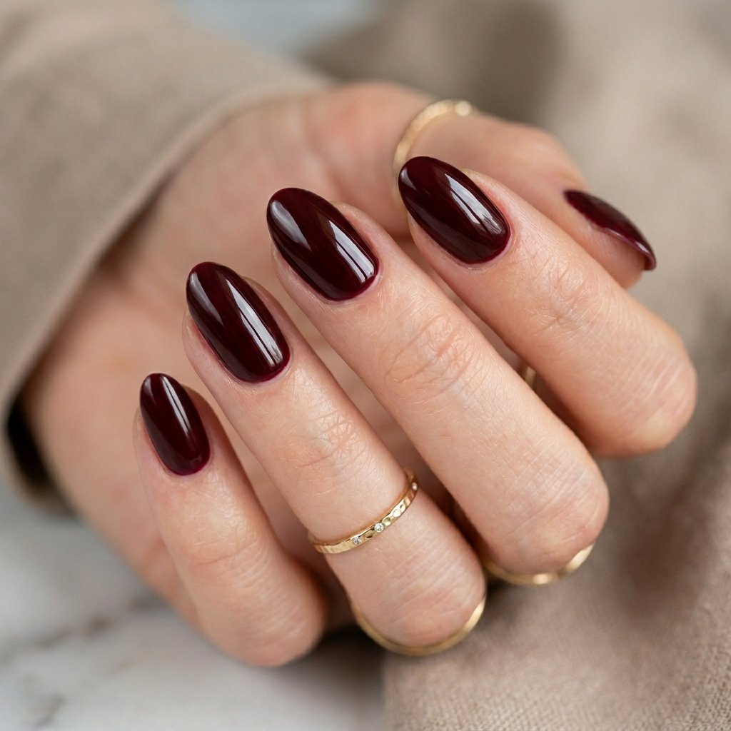 Deep Burgundy Glossy Short Almond Nails