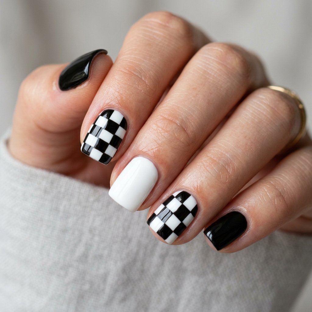 Checkerboard Pattern on Short Square Nails