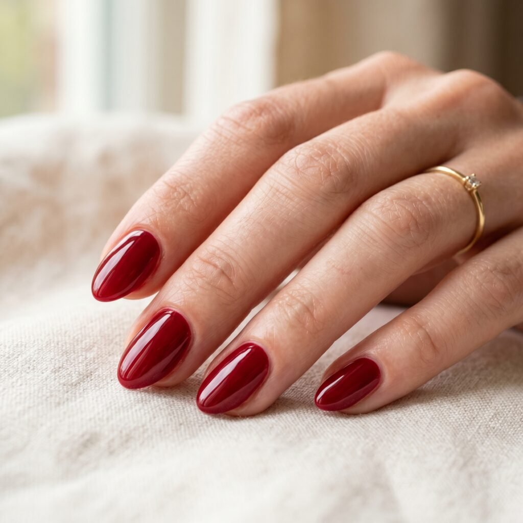 Classic Red Glossy Short Almond Nails