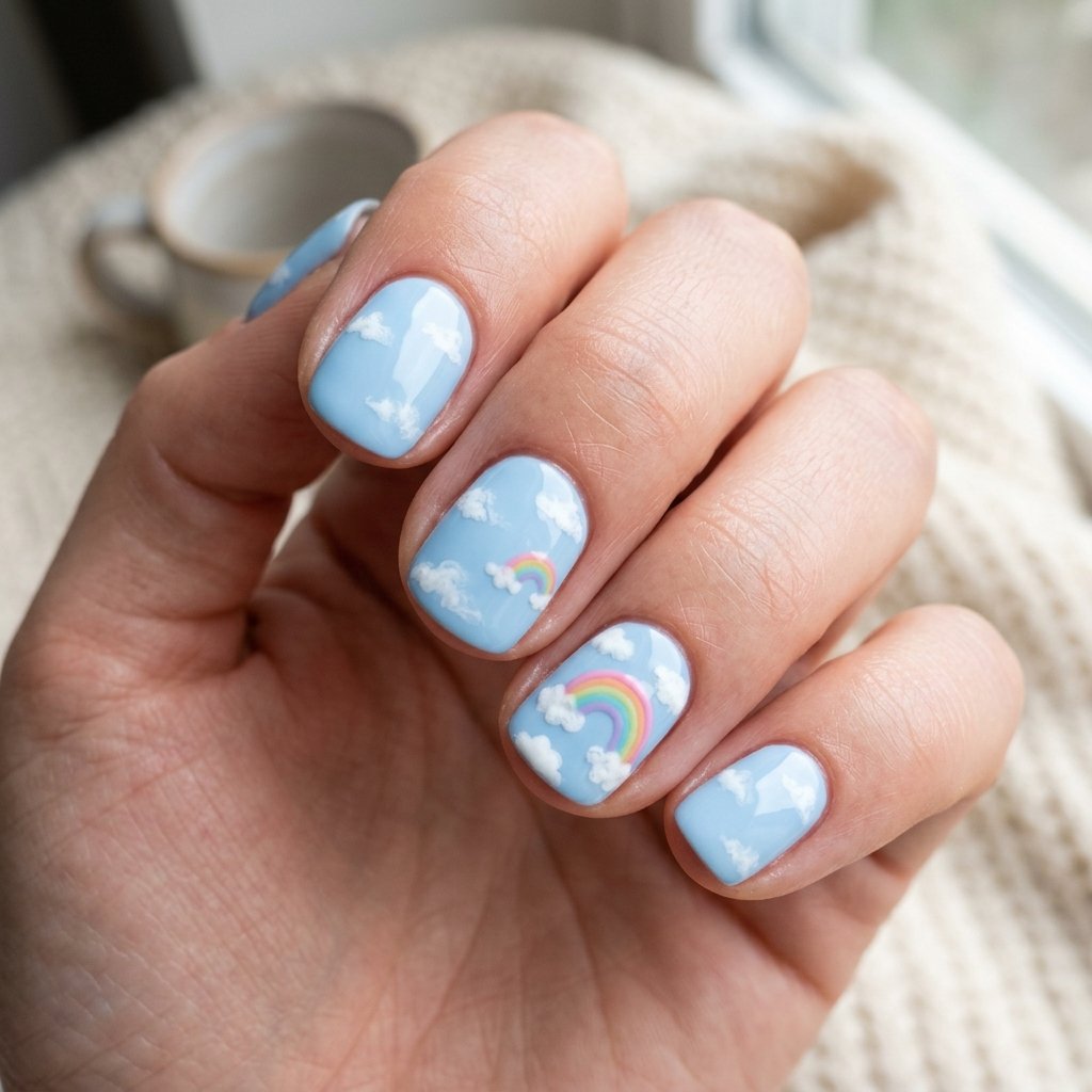 Cloud and Rainbow Accent Nails