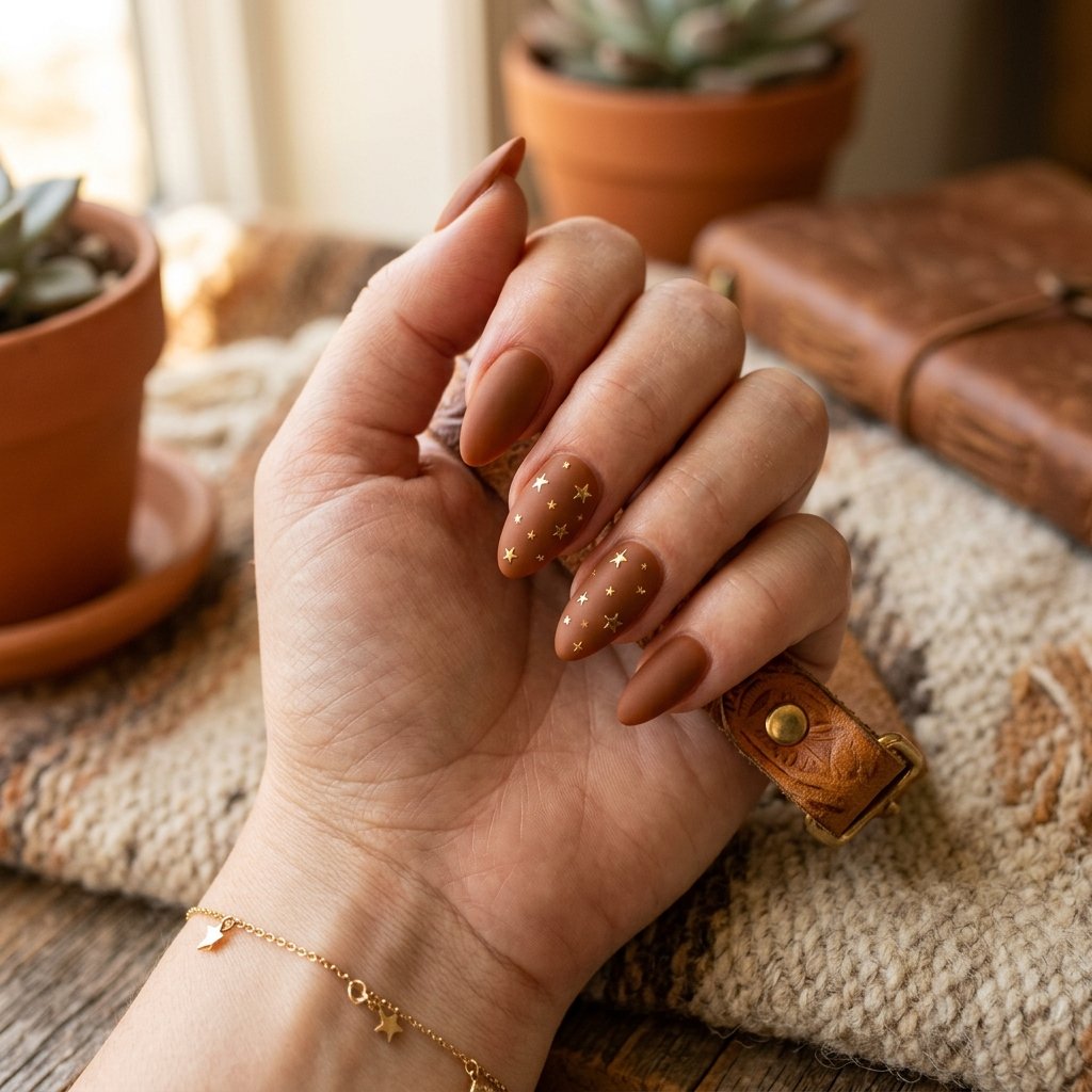 Warm Cognac Brown Matte Almond Nails with Gold Stars