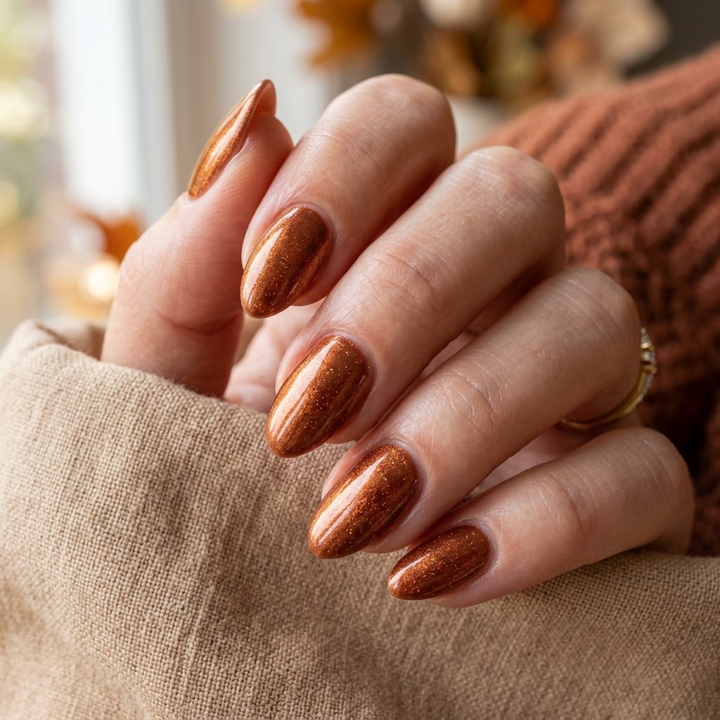 Copper Shimmer Short Almond Nails