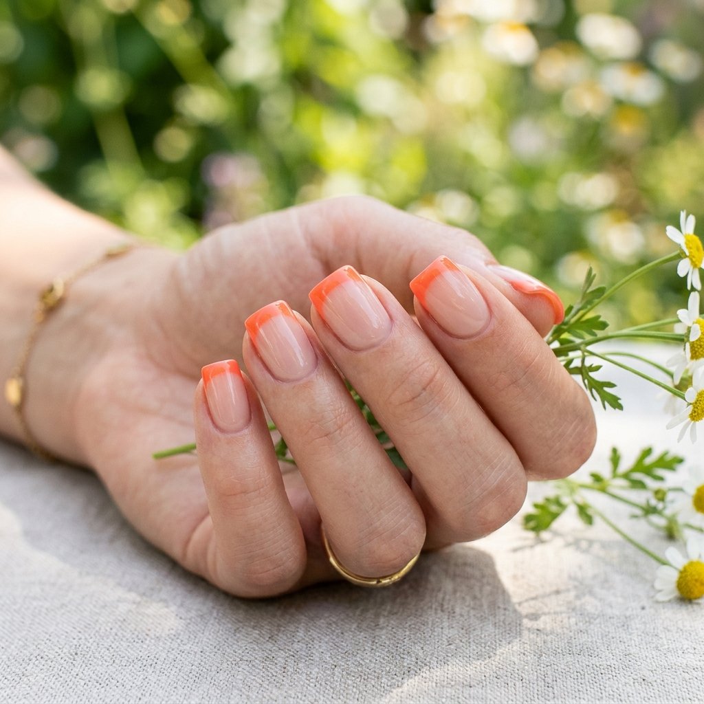 Coral French Tips on Short Square Nails