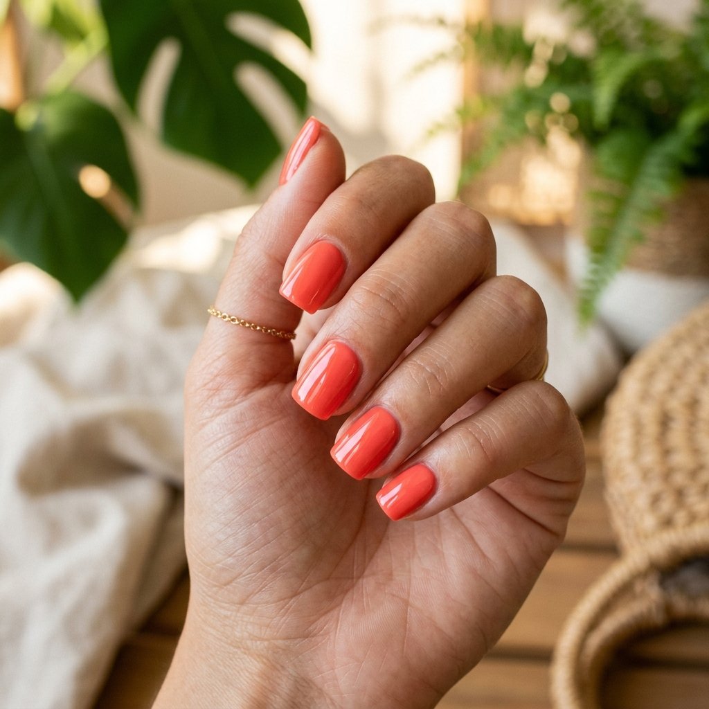 Bright Coral Short Square Nails