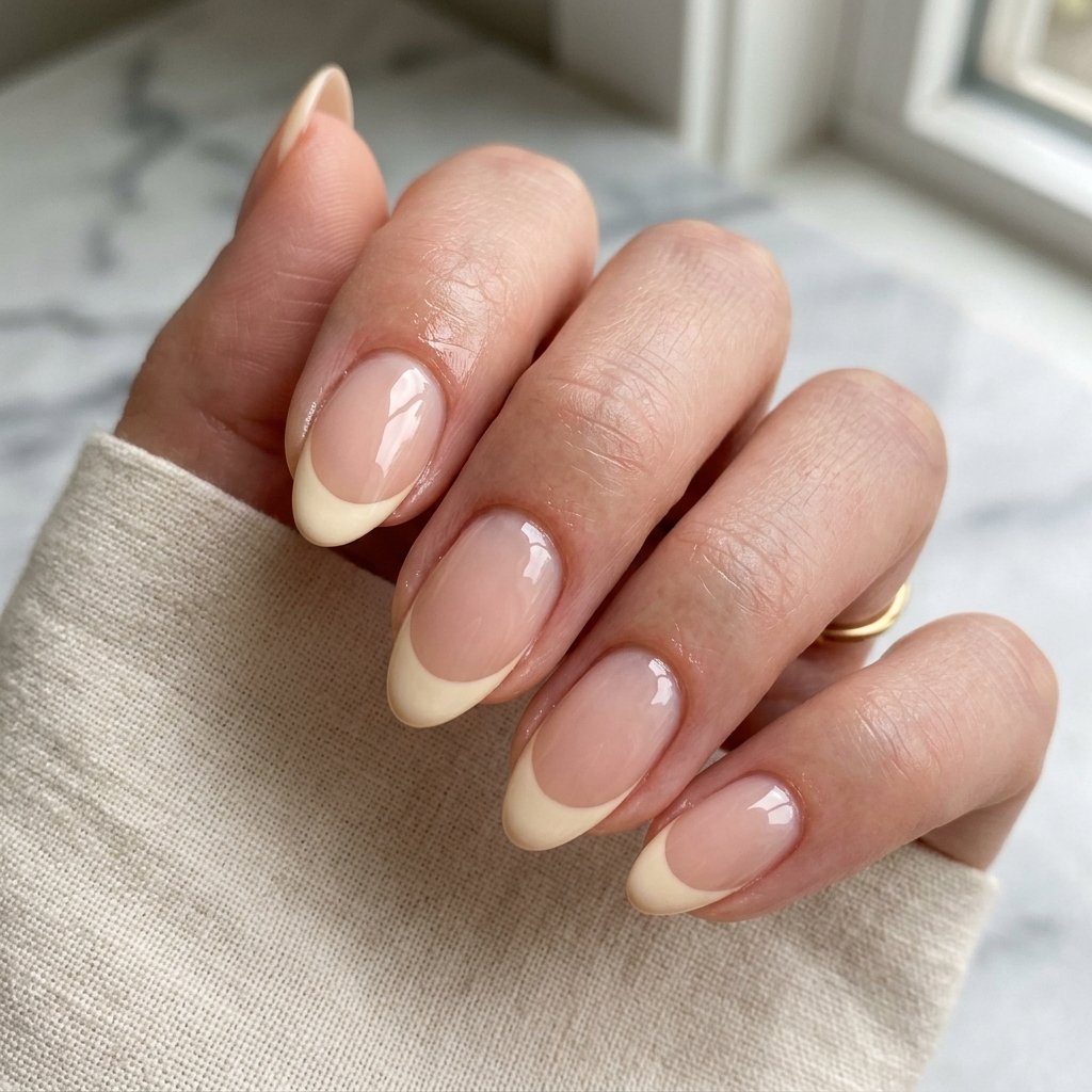 Warm Cream French Tips on Short Almond Nails