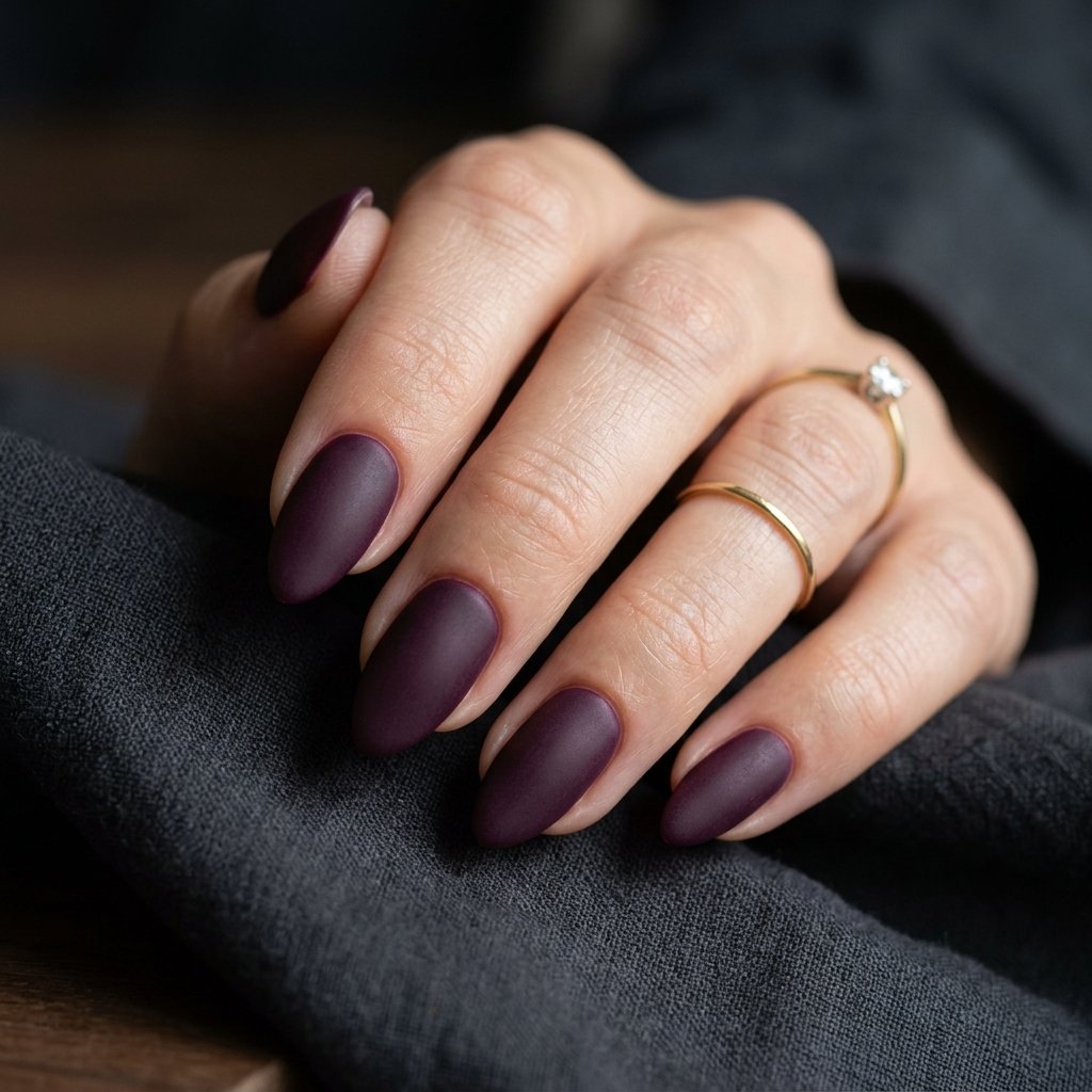 Deep Plum Matte Short Almond Nails