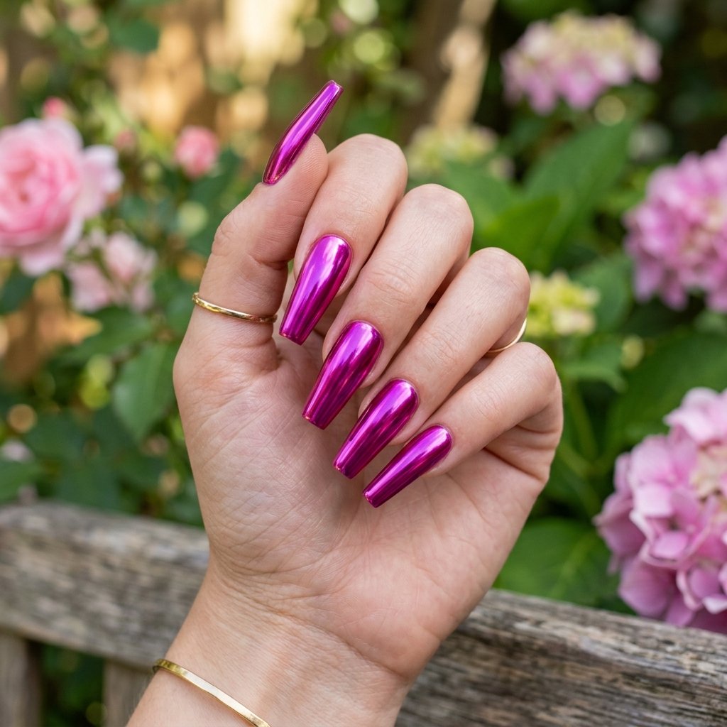 Vivid Magenta Chrome Coffin Nails