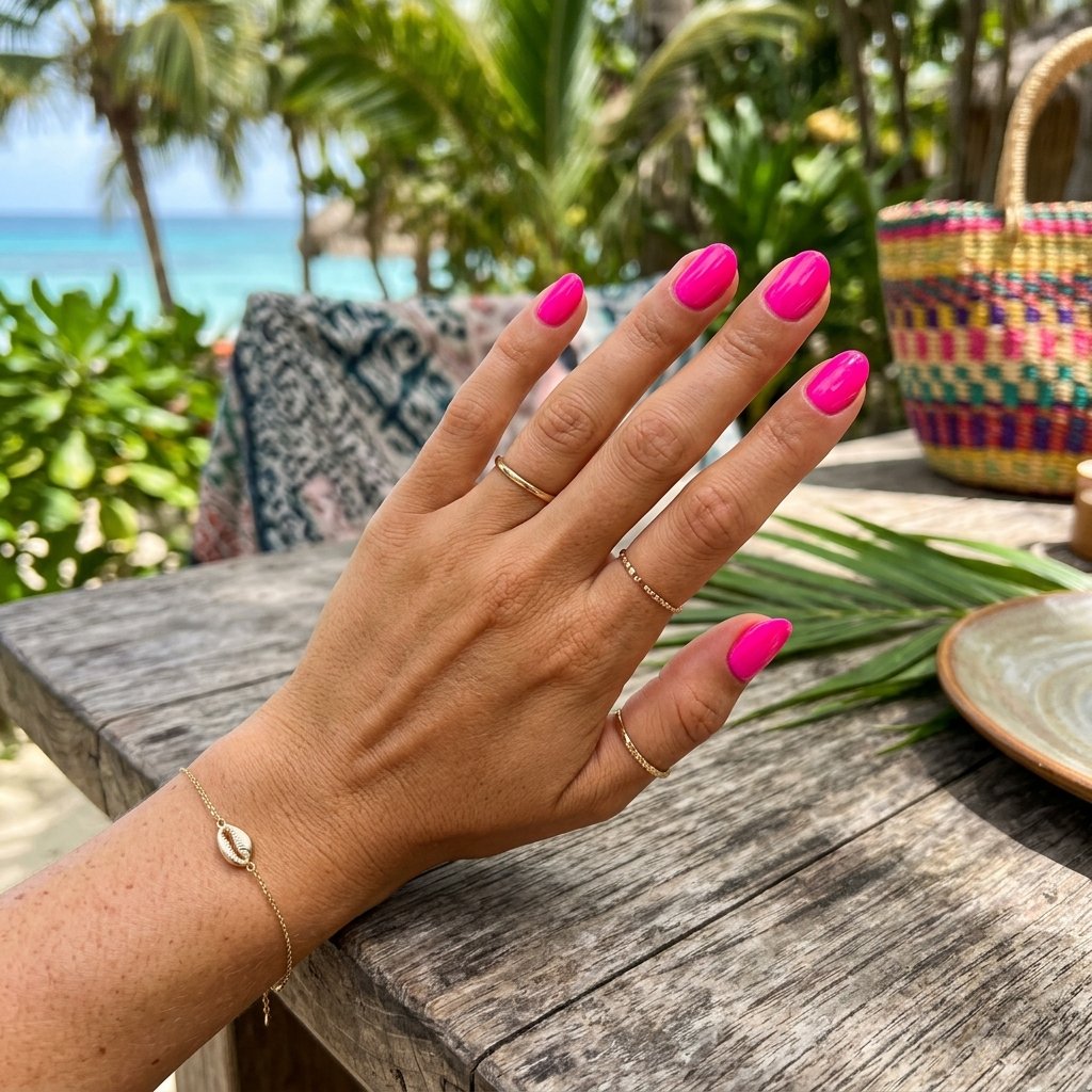 Neon Pink Short Oval Nails
