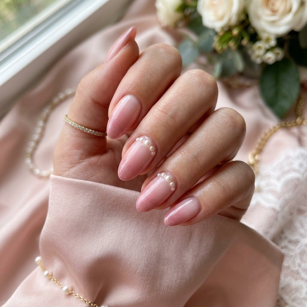 Pearl Detail Nails on Soft Pink Base