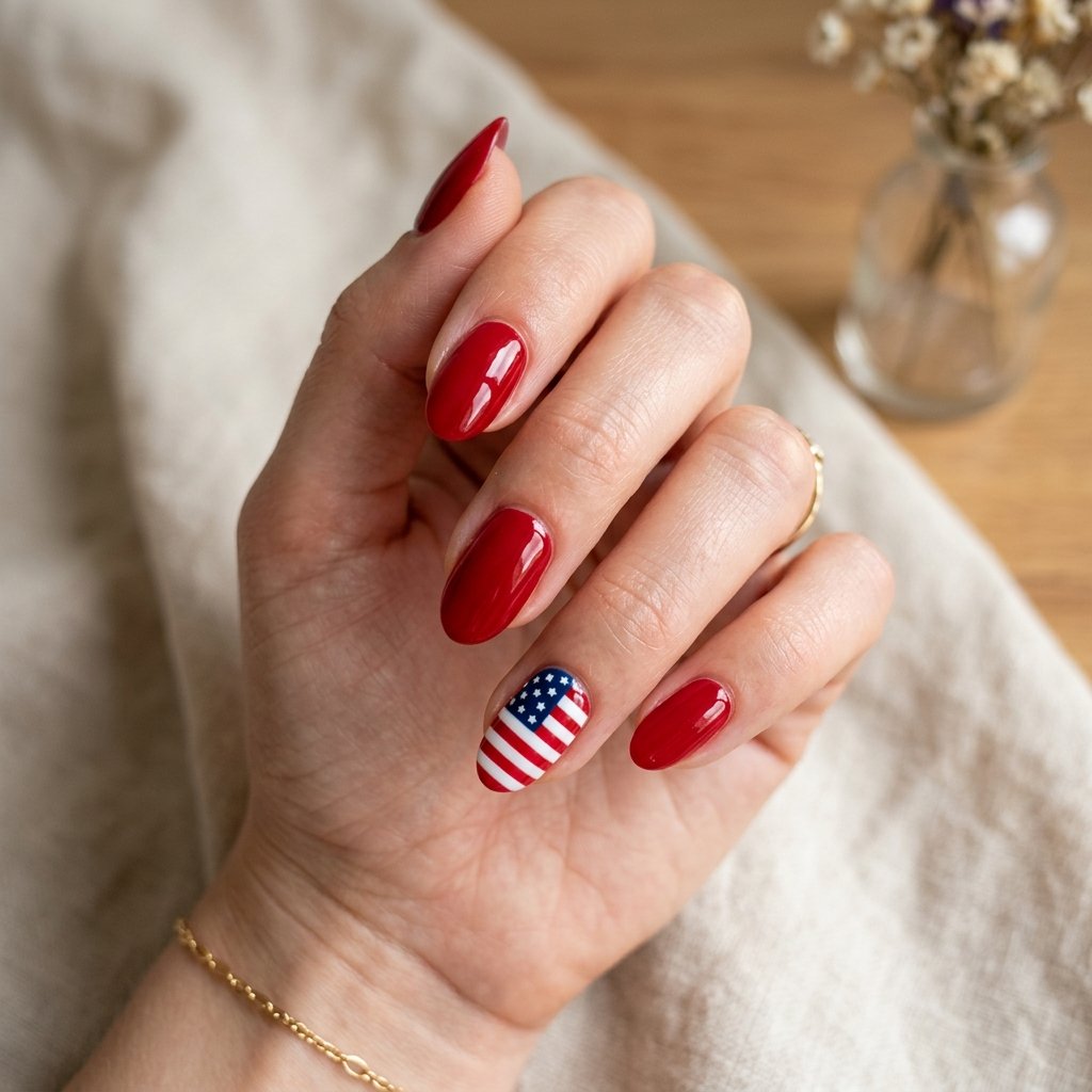 Flag Stripe Accent Nails on Red Base