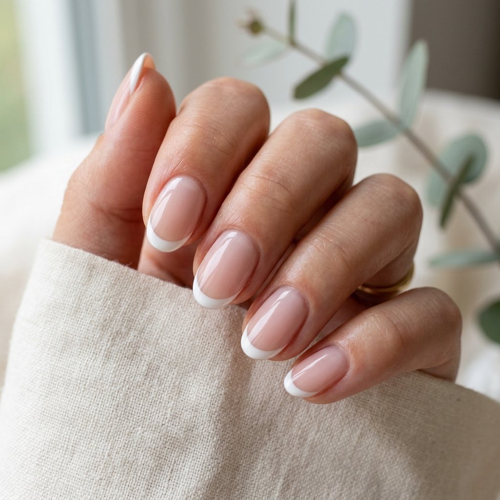 Classic French Short Acrylic Oval Nails