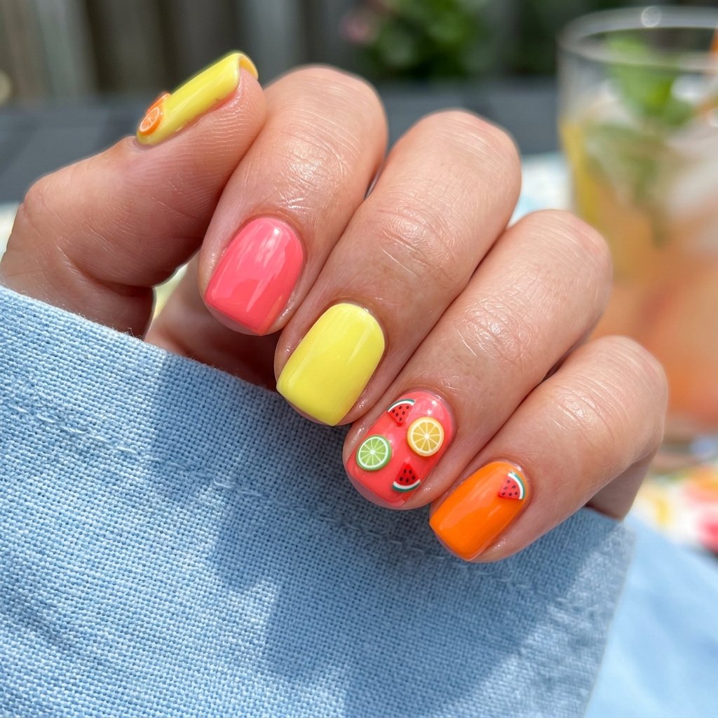 Fruit Slice Accent Nails on Bright Base