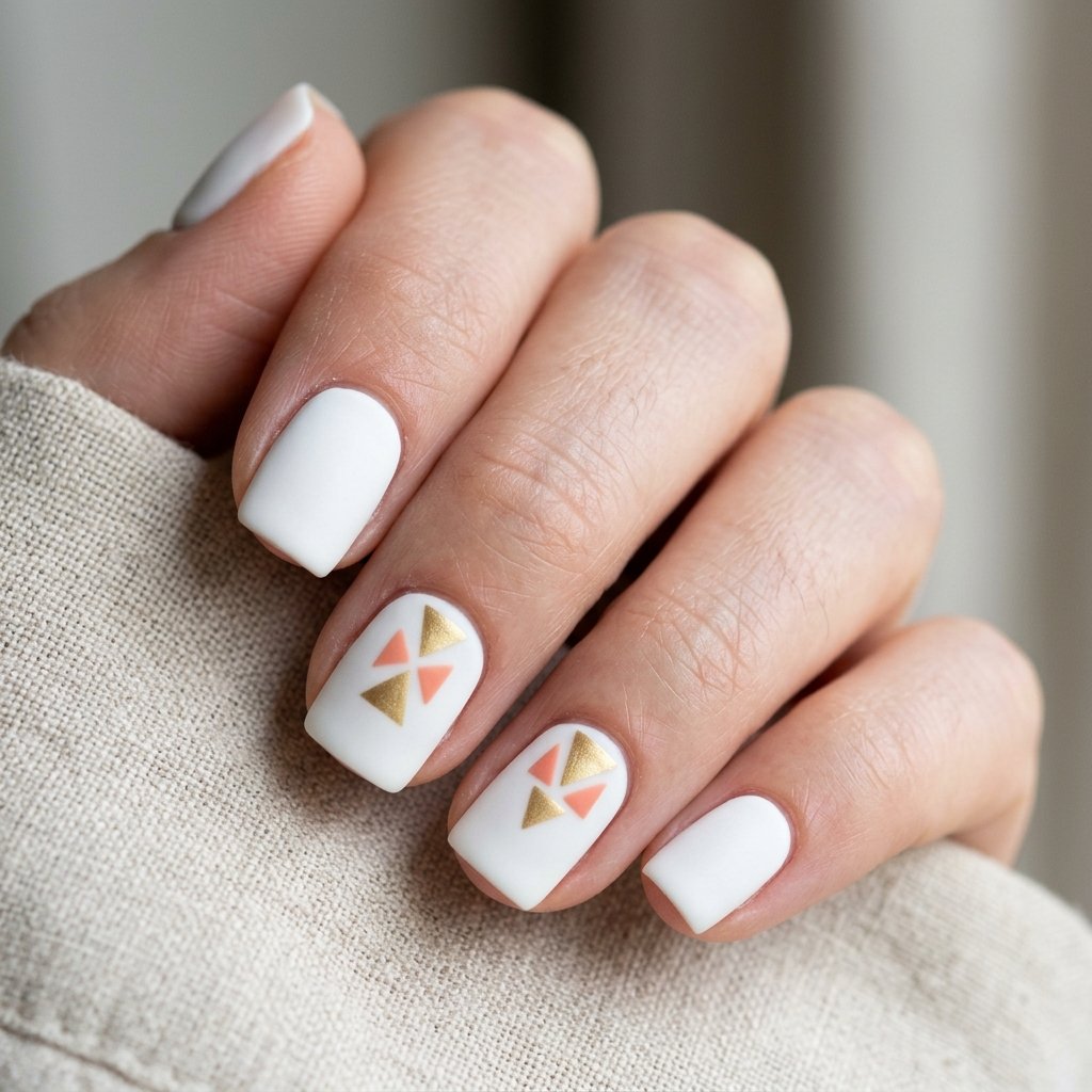 Geometric Triangles on Matte White Nails
