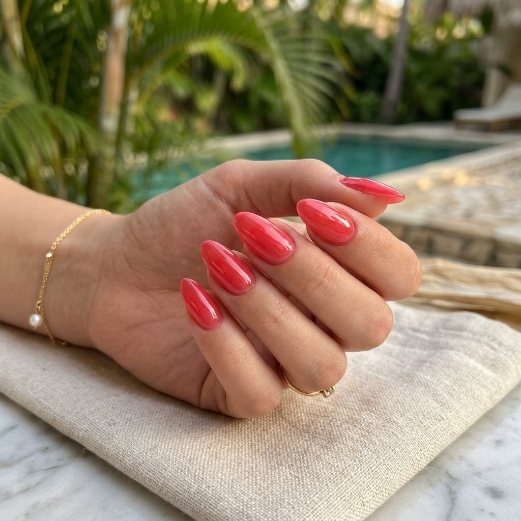 Glazed Watermelon Red Almond Nails