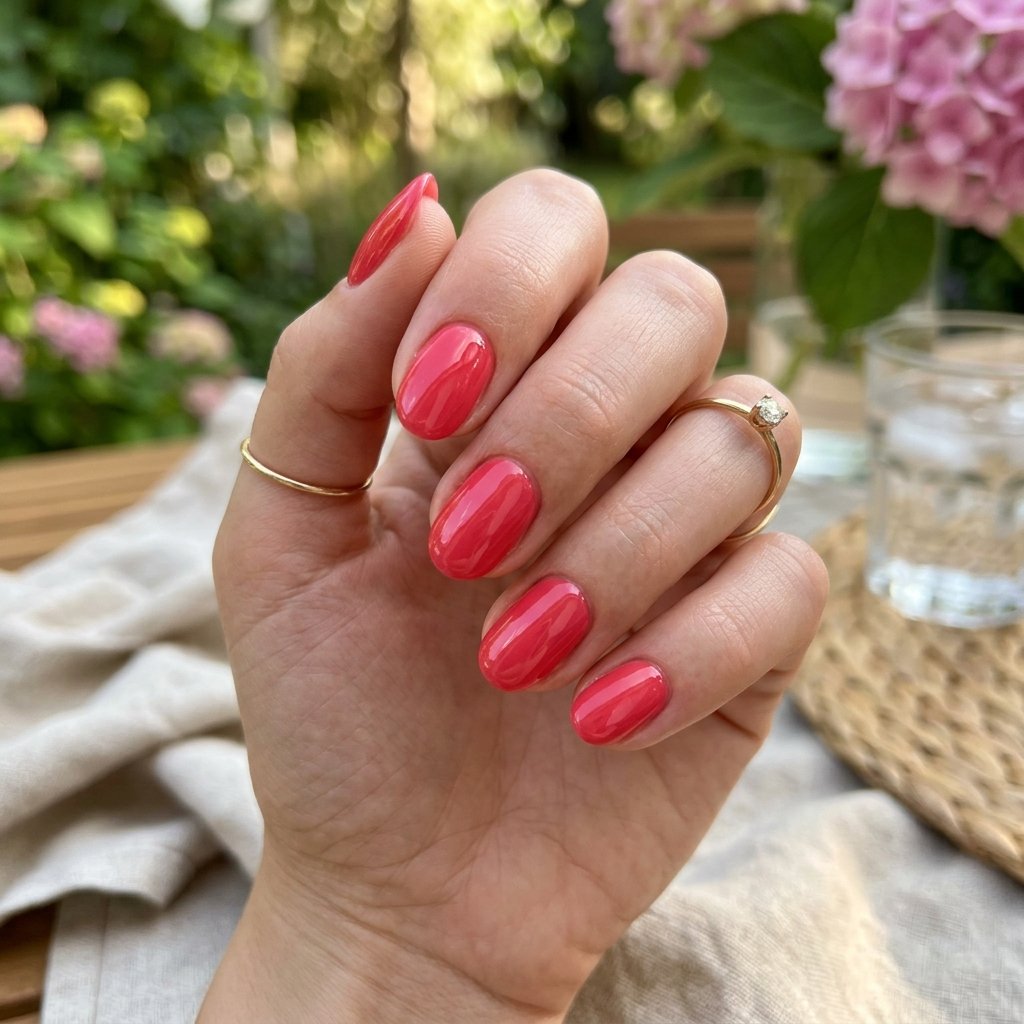 Glazed Watermelon Red Short Oval Nails