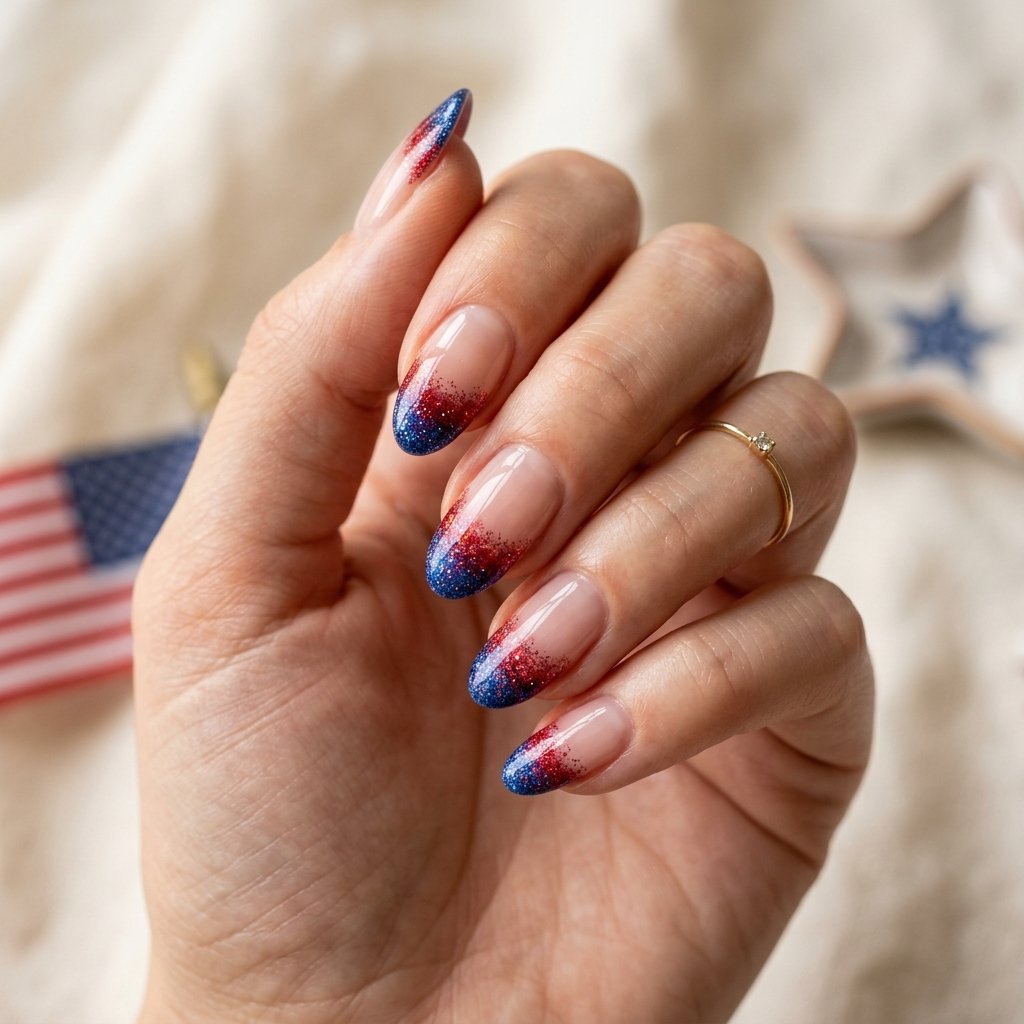 Gradient Glitter French Nails in Patriotic Colors