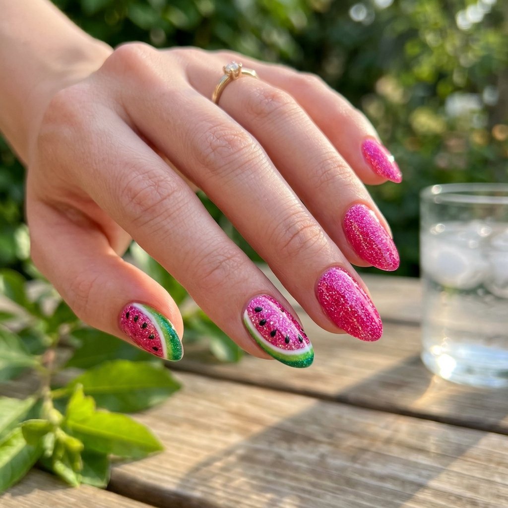 Glitter Watermelon Accent Nails