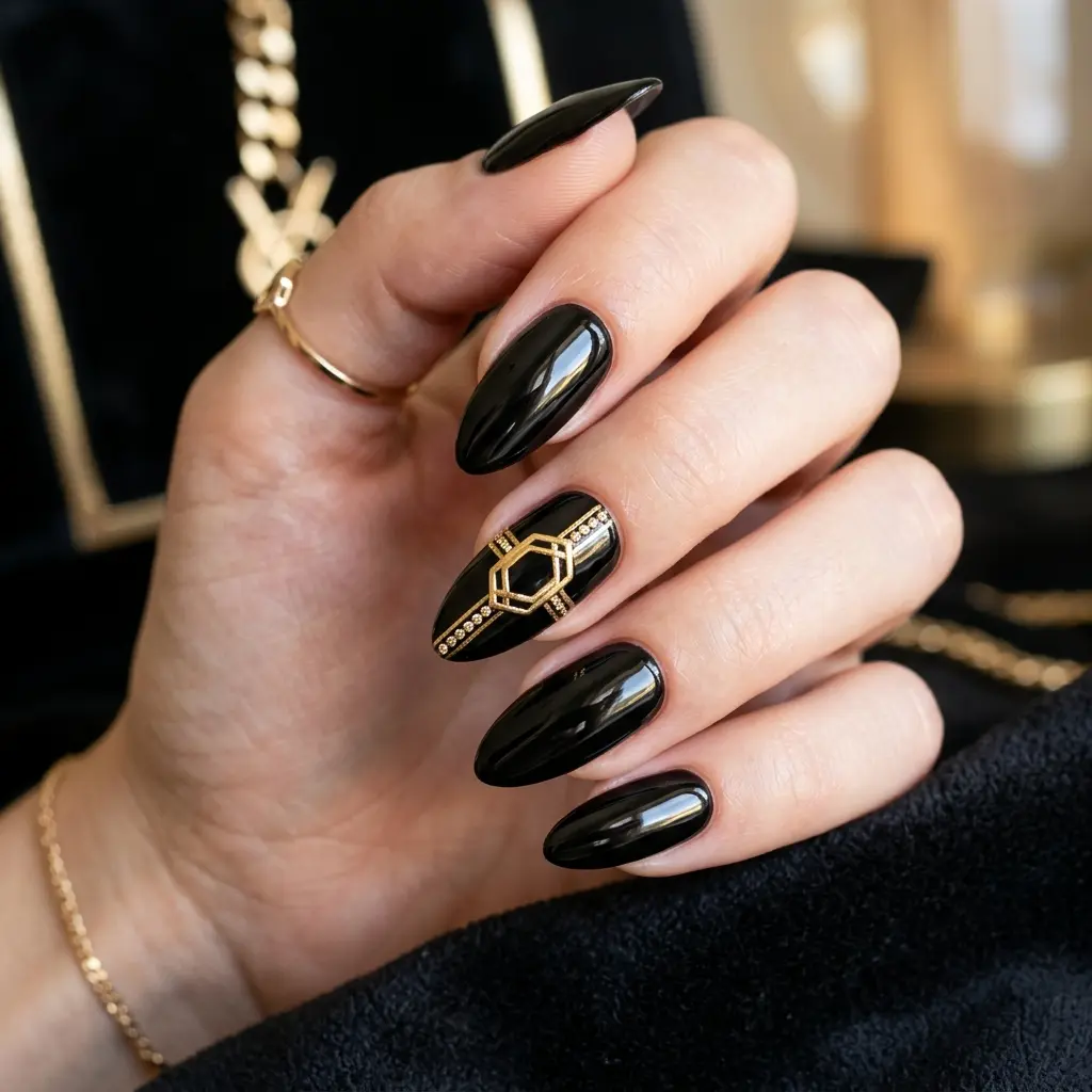 Geometric Angular Ring on Black Almond Nails