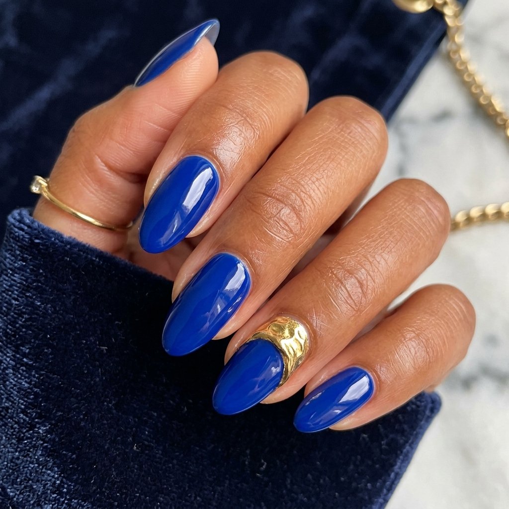 Bold Chunky Gold Ring on Cobalt Blue Nails