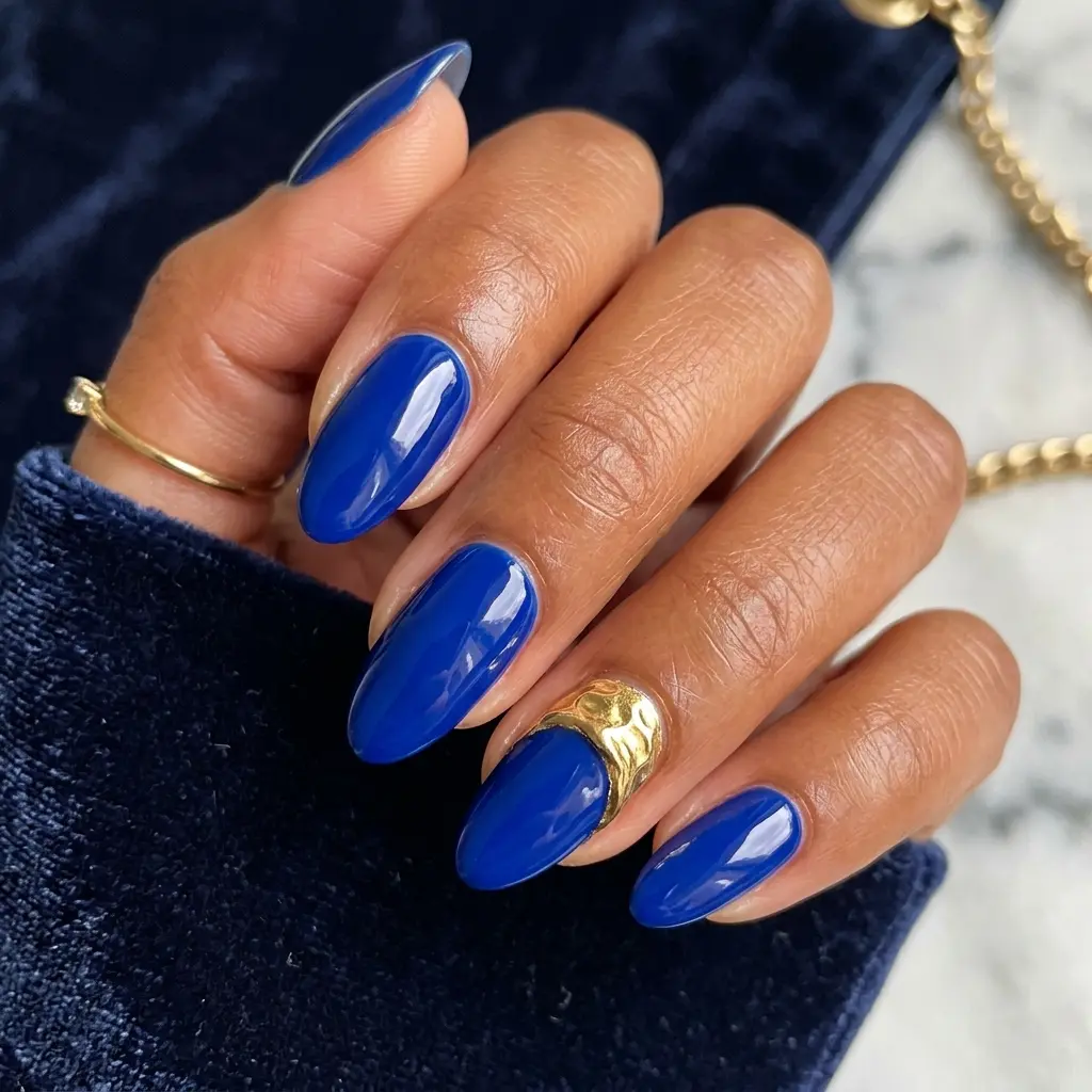 Bold Chunky Gold Ring on Cobalt Blue Nails
