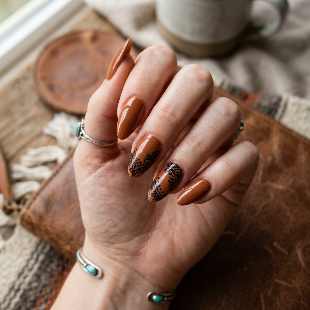 Warm Caramel Nails with Black Lace Tip Detail
