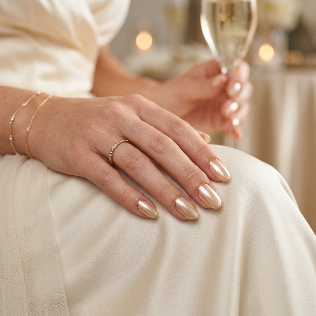 Glazed Champagne Nails with Fine Gold Cuticle Line